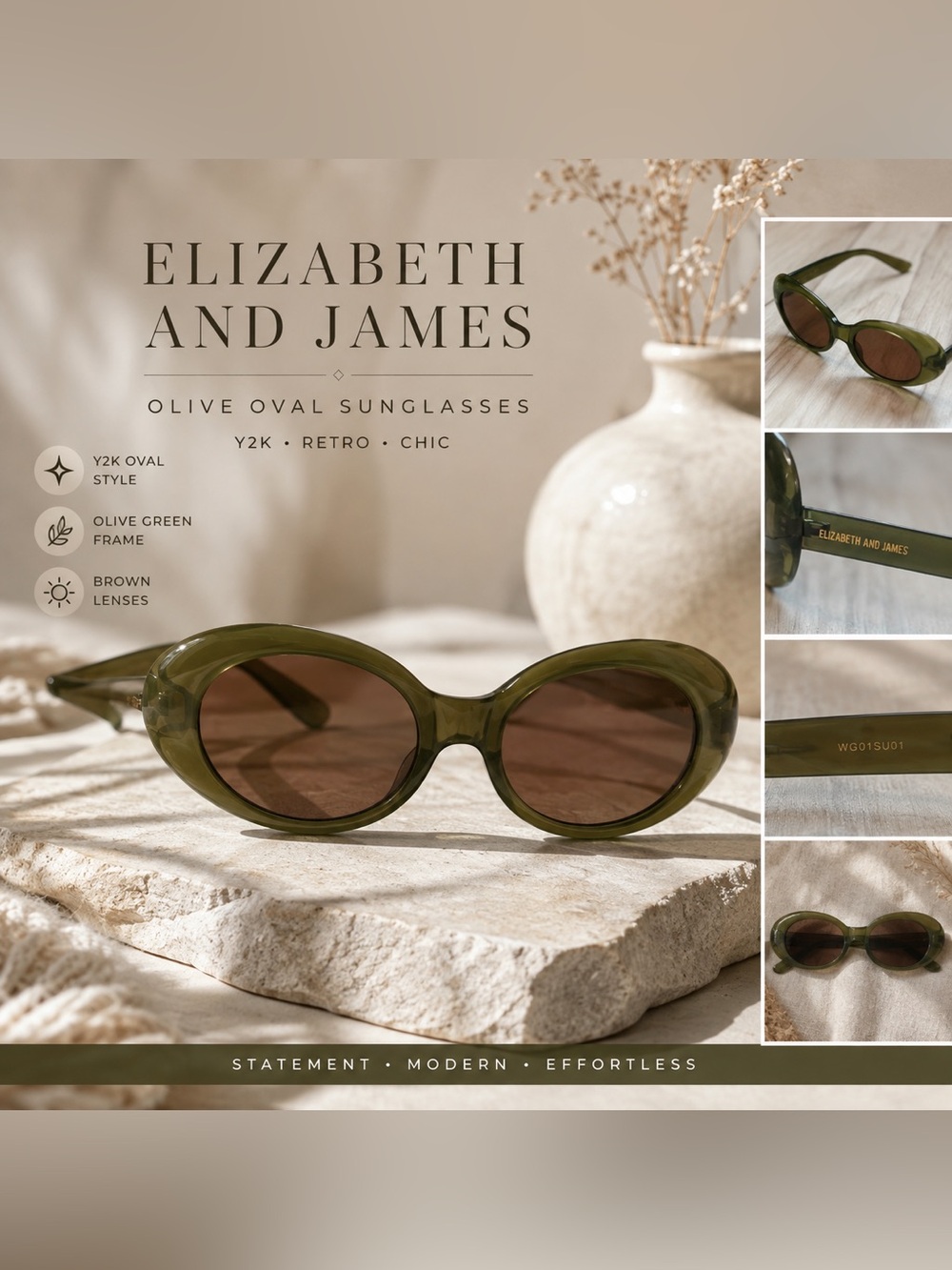 Elizabeth and James WG01SU01 Olive Green Oval Sunglasses Y2K Retro